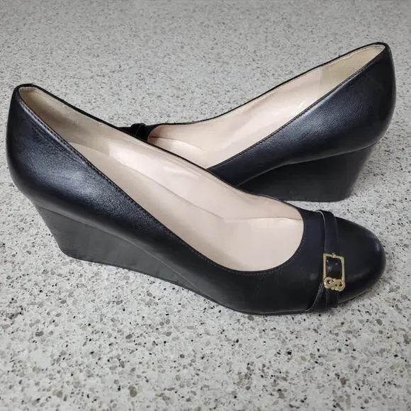 Cole Haan Grand OS Black Leather Closed Round Toe Gold Buckle Wedge Heel✨️9B - Picture 15 of 15